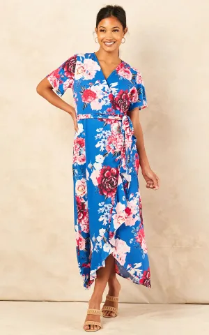 Wrap Midi Frill Skirt Dress in Sax Floral print