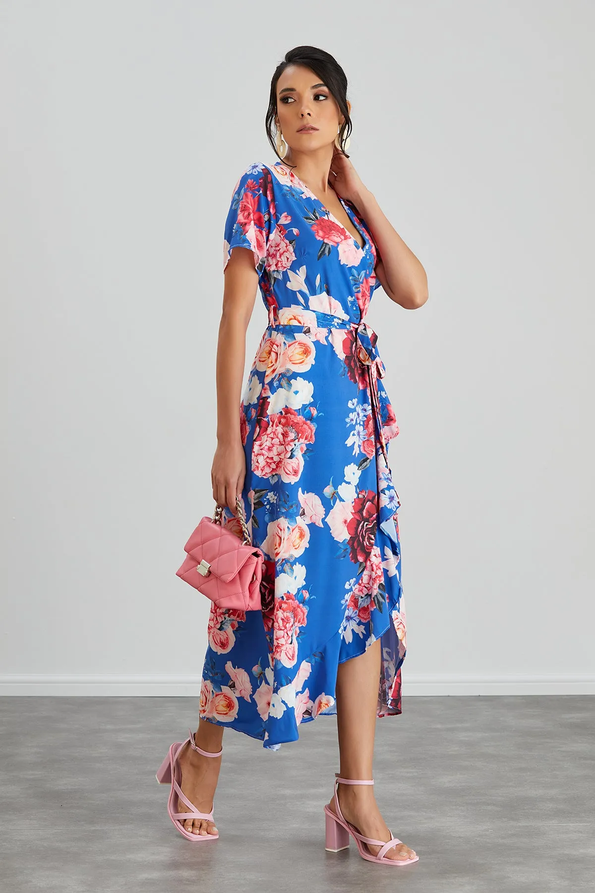 Wrap Midi Frill Skirt Dress in Sax Floral print