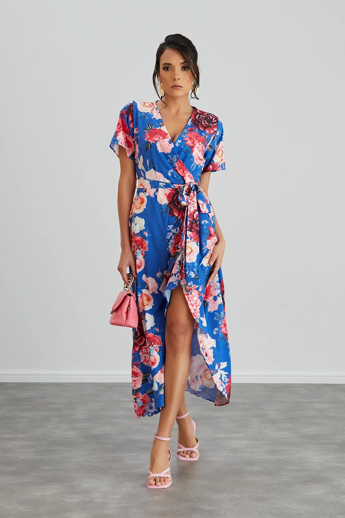 Wrap Midi Frill Skirt Dress in Sax Floral print