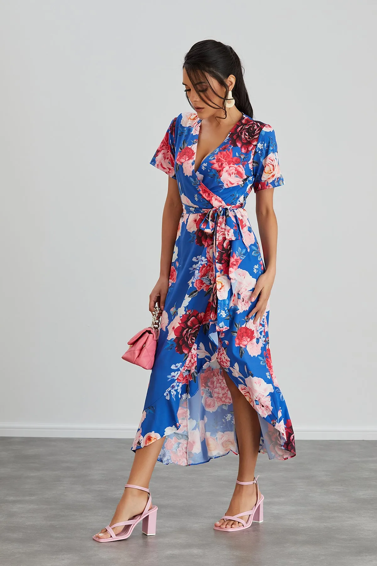 Wrap Midi Frill Skirt Dress in Sax Floral print