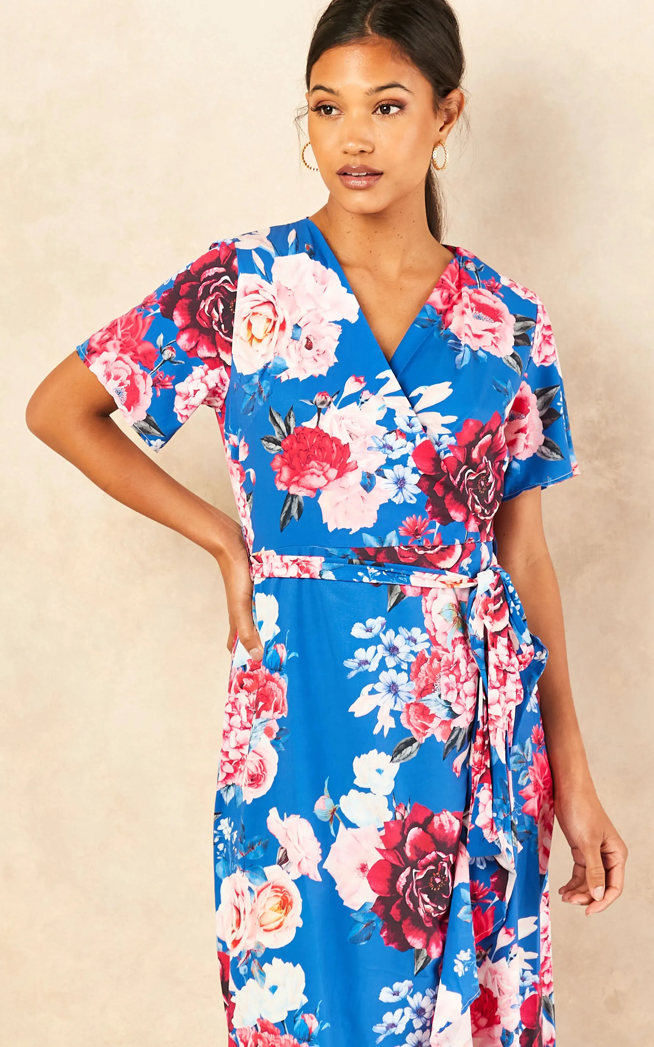 Wrap Midi Frill Skirt Dress in Sax Floral print
