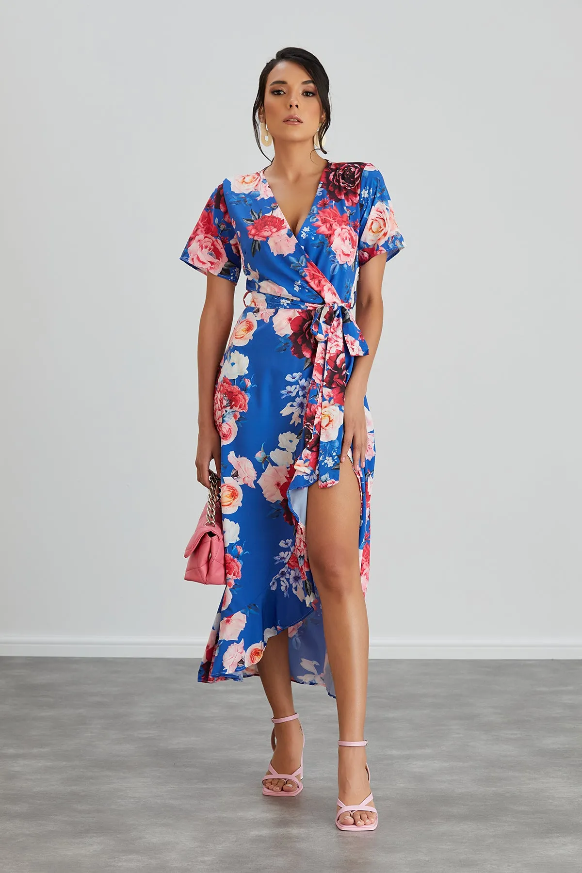 Wrap Midi Frill Skirt Dress in Sax Floral print