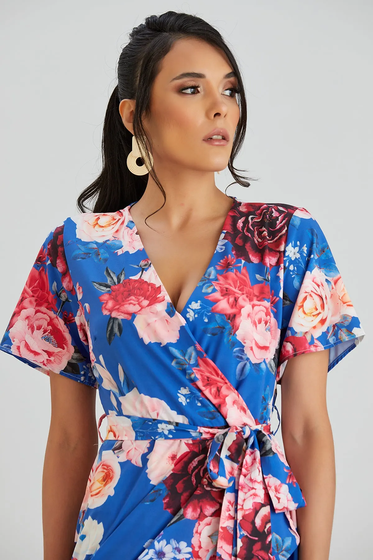 Wrap Midi Frill Skirt Dress in Sax Floral print