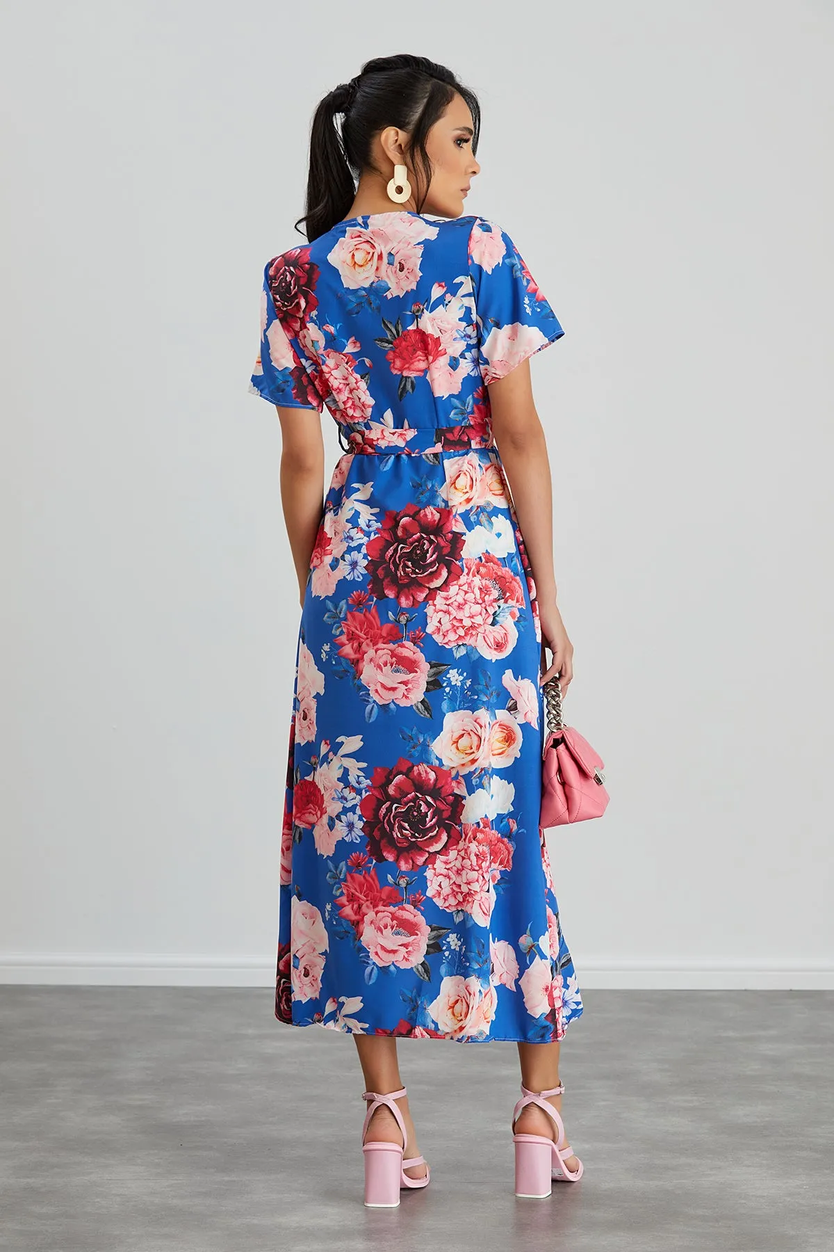 Wrap Midi Frill Skirt Dress in Sax Floral print