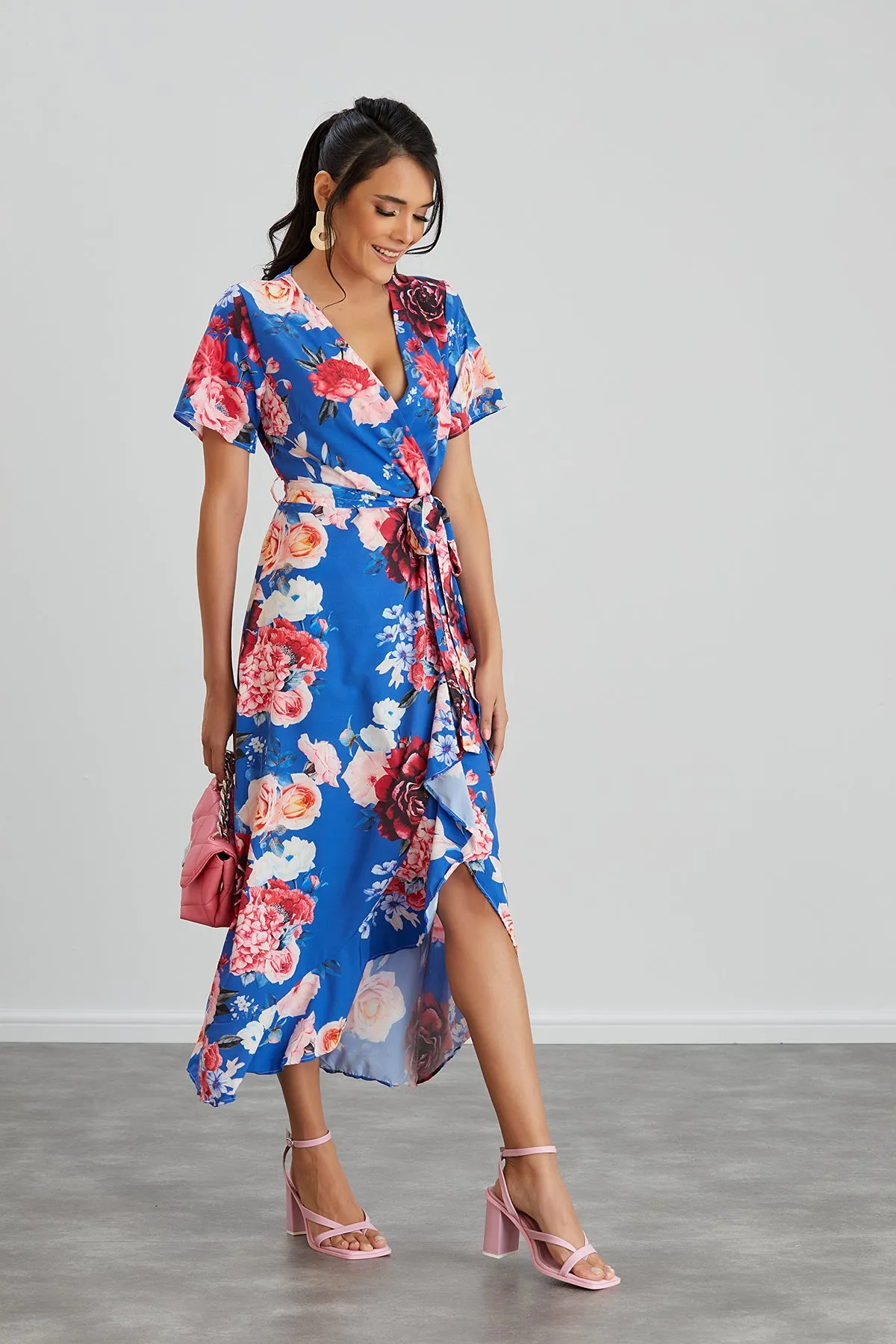 Wrap Midi Frill Skirt Dress in Sax Floral print