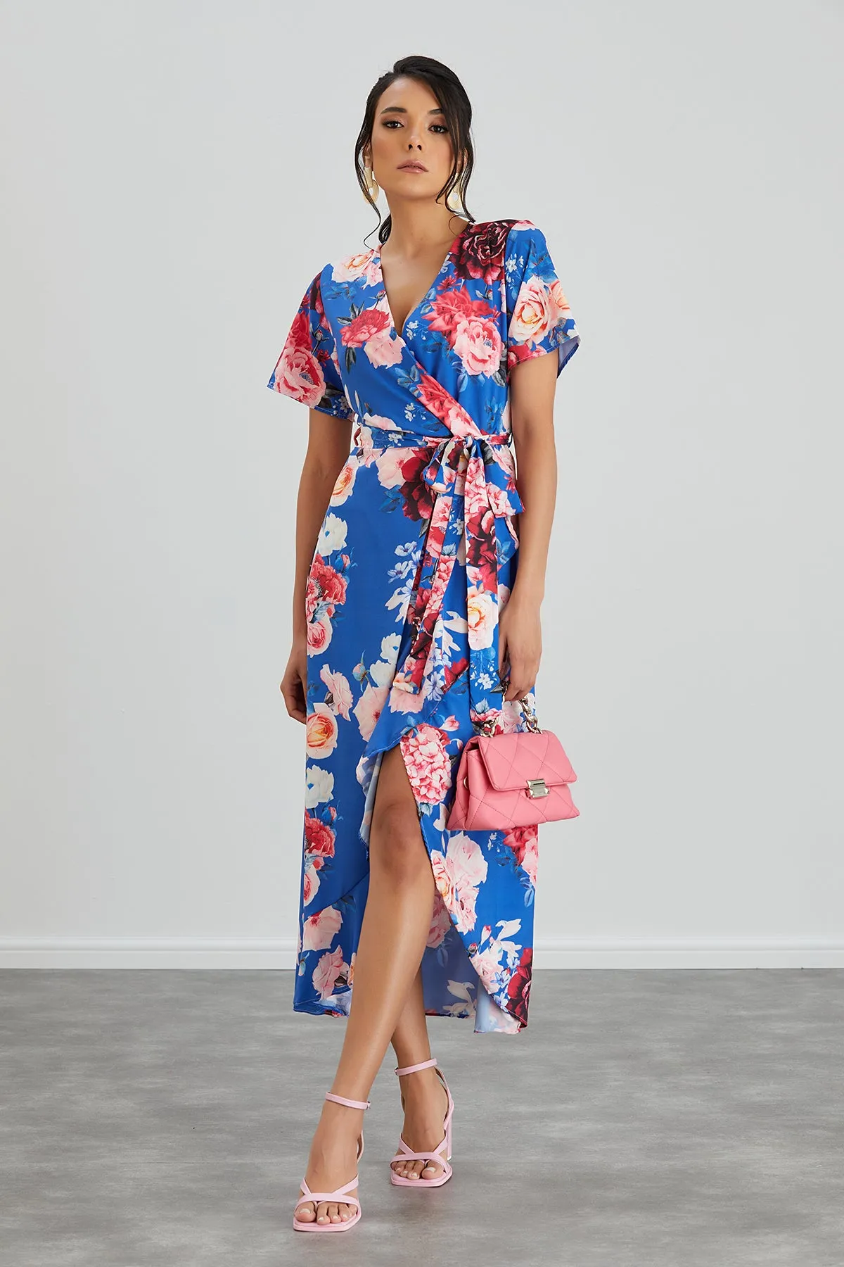Wrap Midi Frill Skirt Dress in Sax Floral print