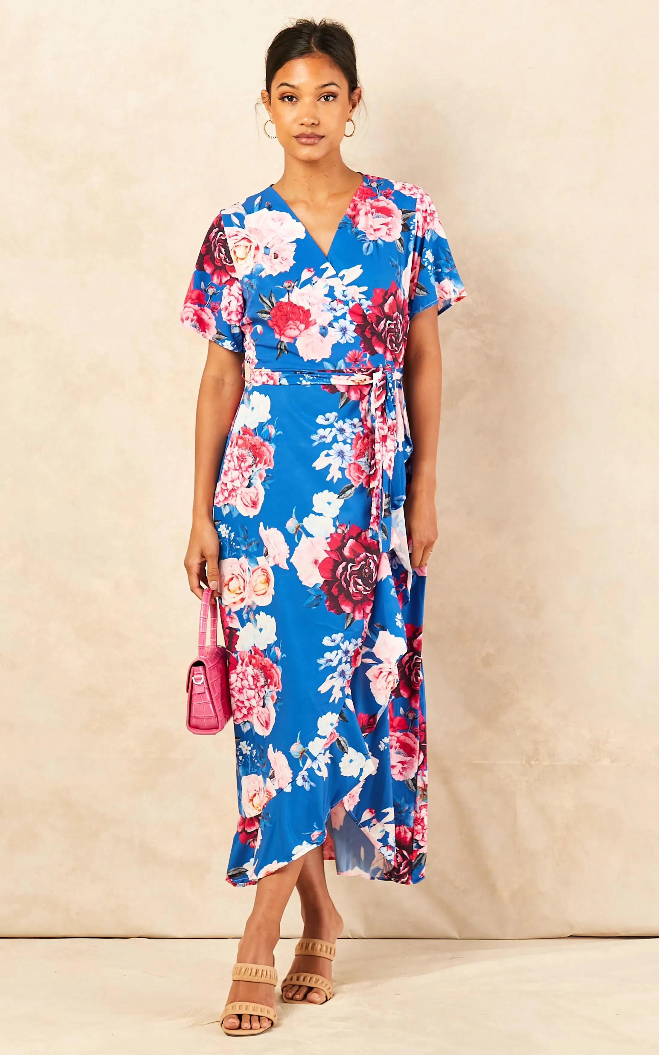 Wrap Midi Frill Skirt Dress in Sax Floral print