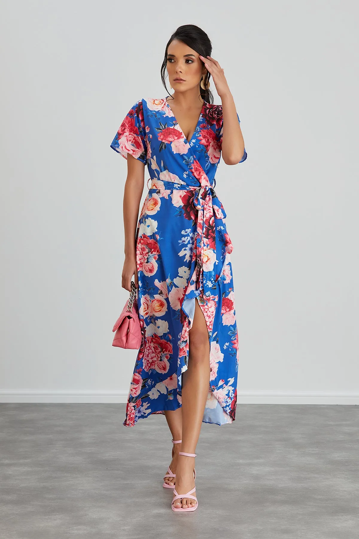 Wrap Midi Frill Skirt Dress in Sax Floral print