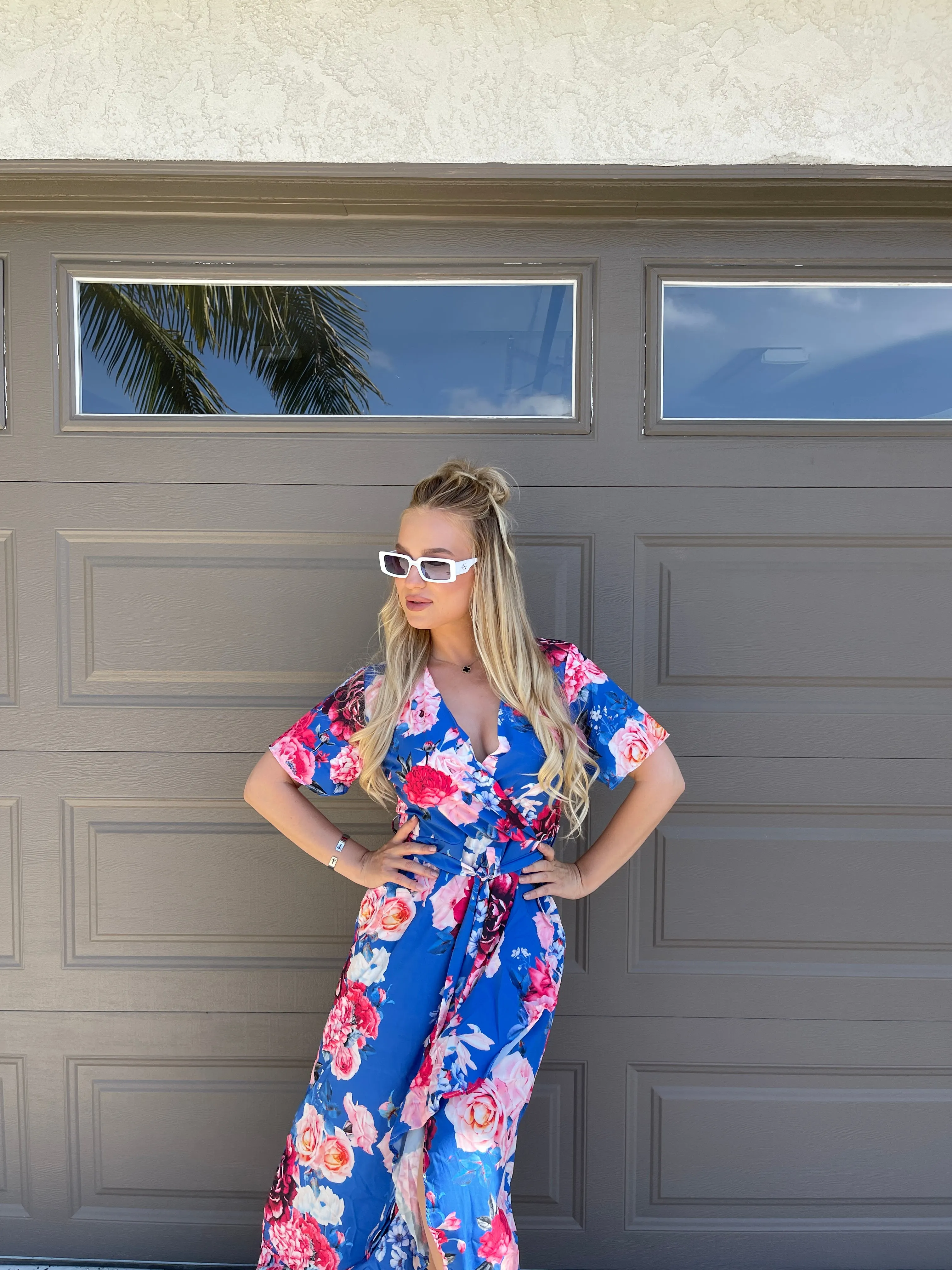 Wrap Midi Frill Skirt Dress in Sax Floral print