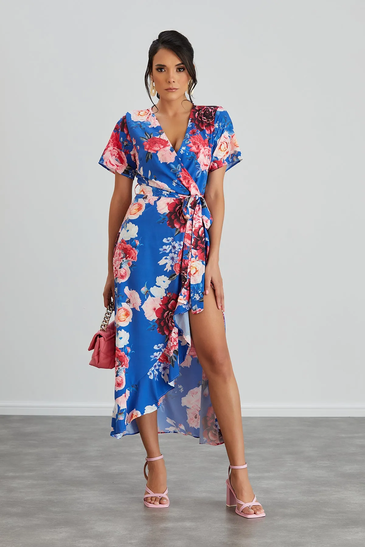 Wrap Midi Frill Skirt Dress in Sax Floral print
