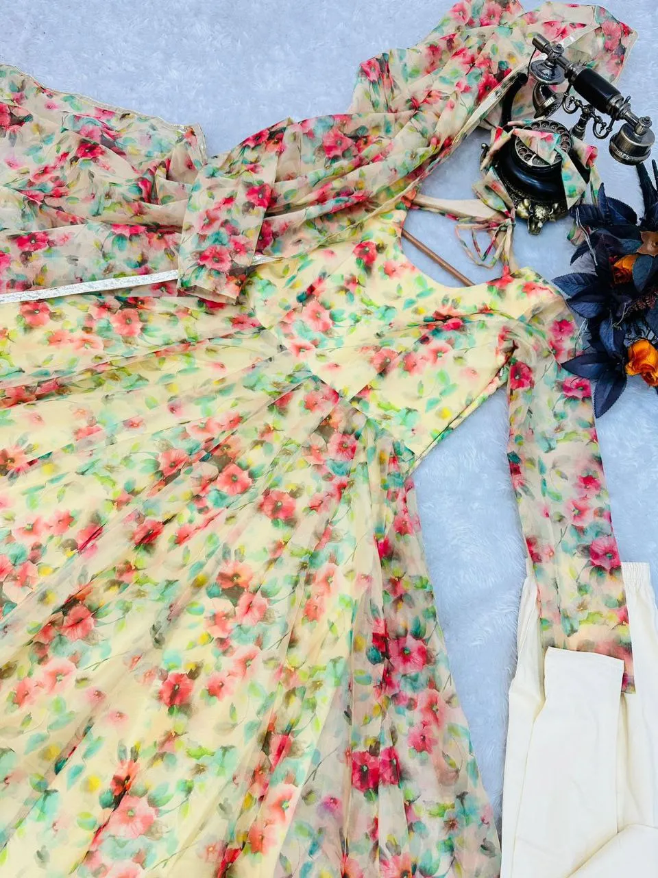Yellow Anarkali Gown in Organza with Floral Print