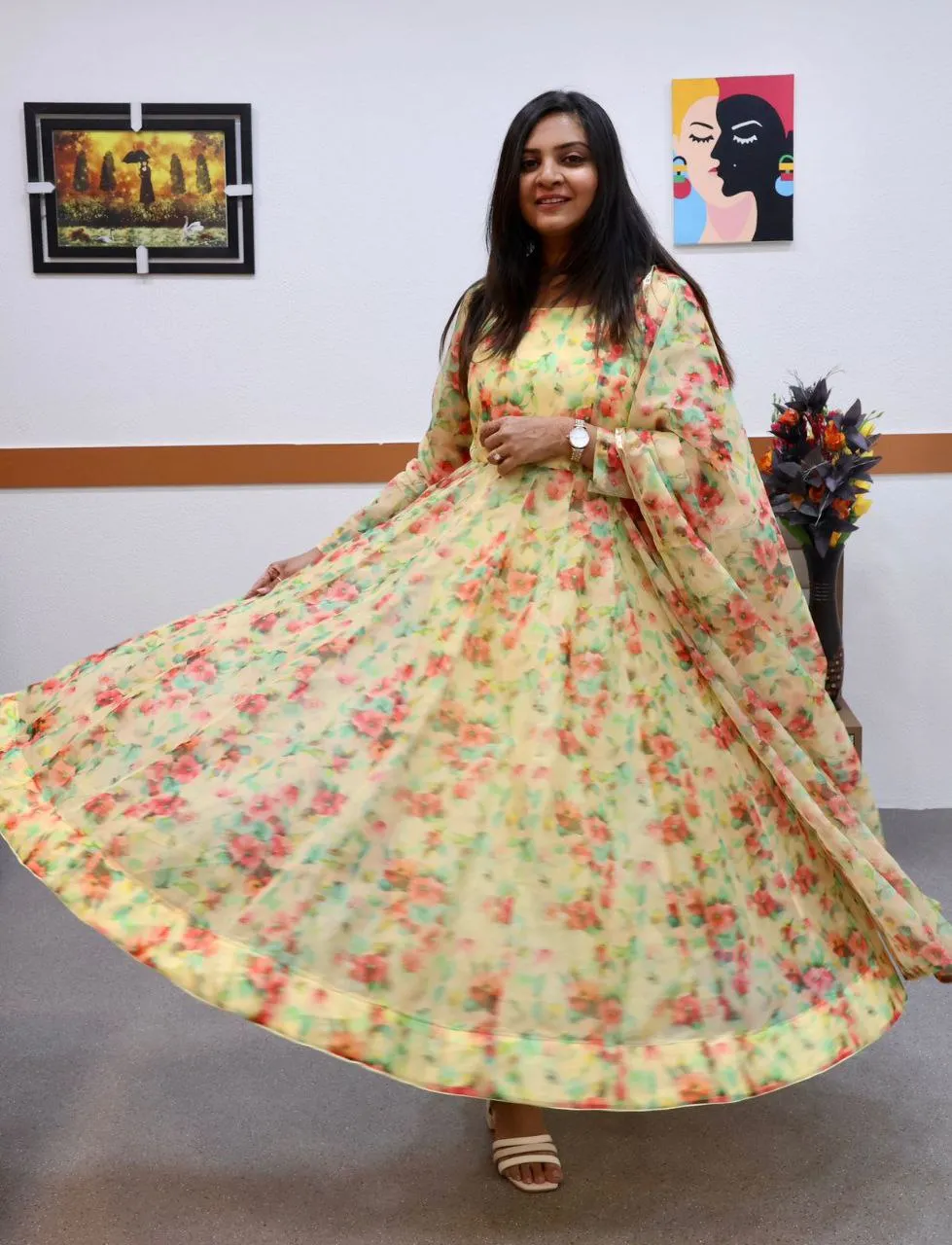 Yellow Anarkali Gown in Organza with Floral Print