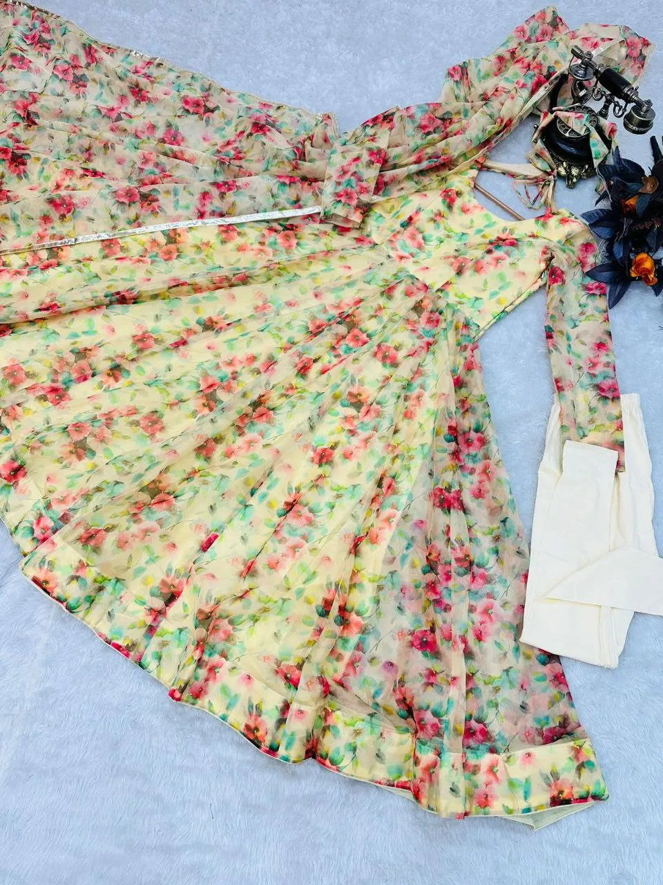 Yellow Anarkali Gown in Organza with Floral Print