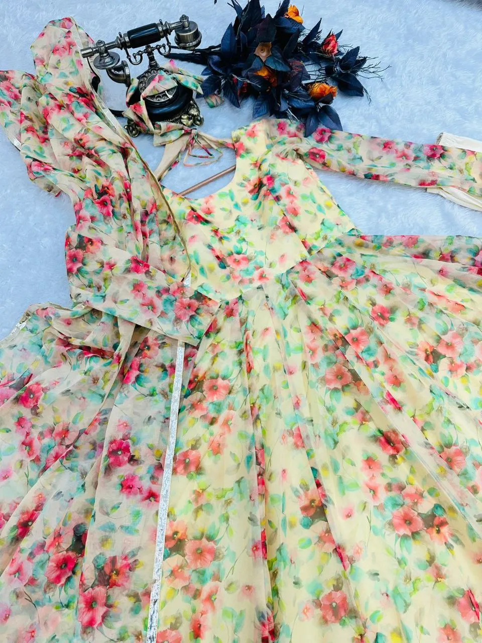 Yellow Anarkali Gown in Organza with Floral Print