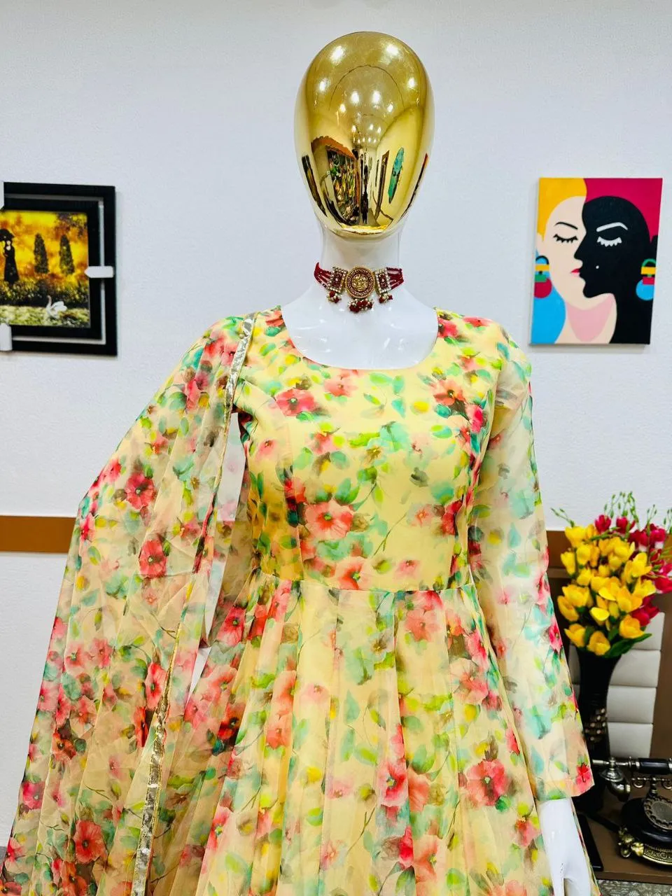 Yellow Anarkali Gown in Organza with Floral Print