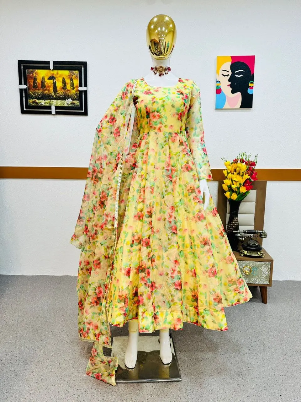Yellow Anarkali Gown in Organza with Floral Print