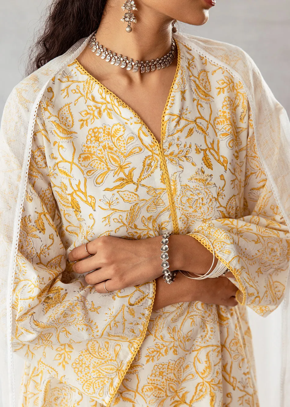 Yellow Cotton Pleated Anarkali Set