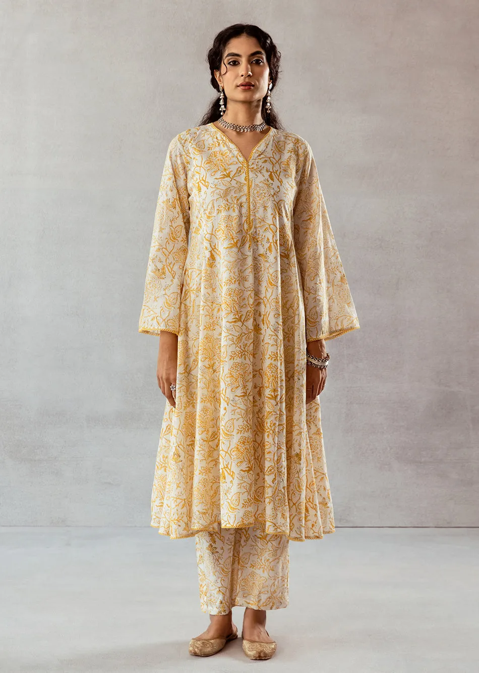 Yellow Cotton Pleated Anarkali Set