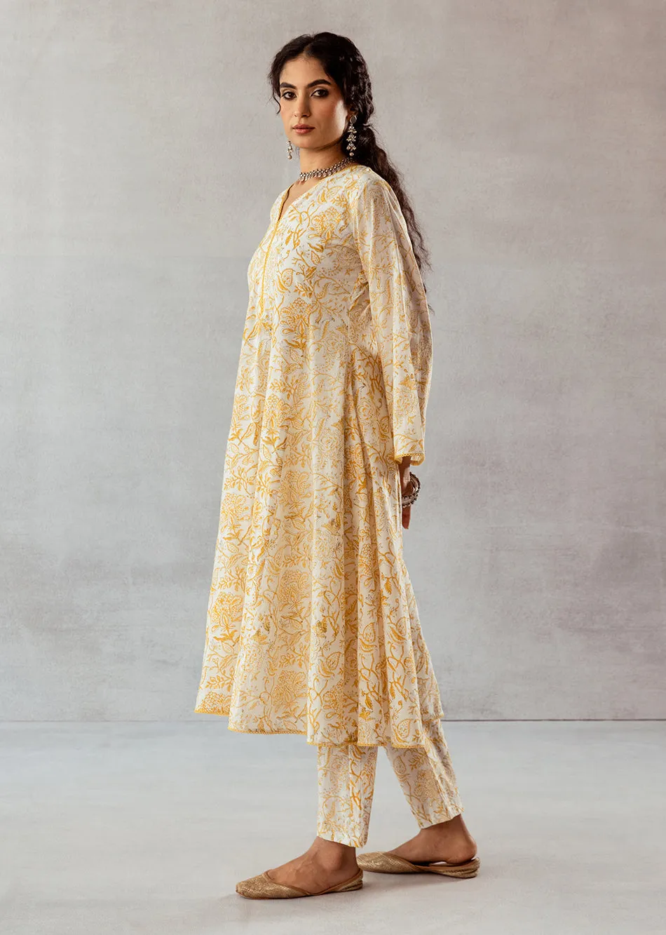 Yellow Cotton Pleated Anarkali Set