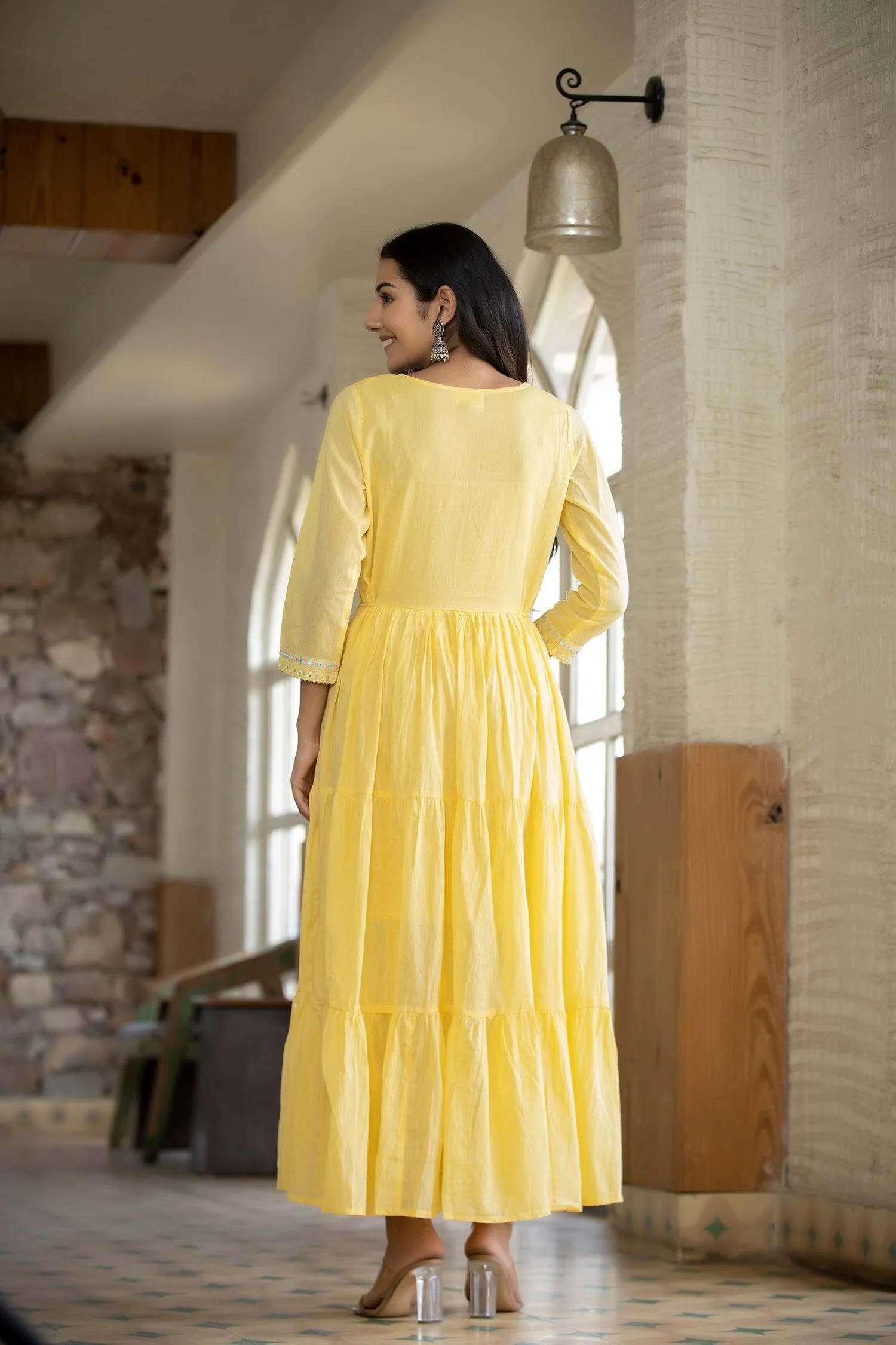 Yellow Mirror Work Ethnic Gown