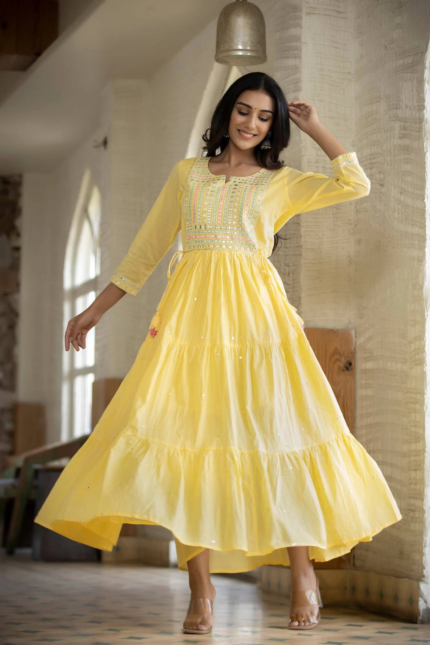 Yellow Mirror Work Ethnic Gown