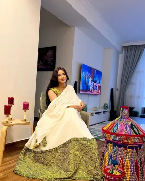Yellow with Black Handcrafted Traditional Ethiopian Dress: Sleeveless Beautifully Adorned Habesha Dress Classic Habesha Kemis