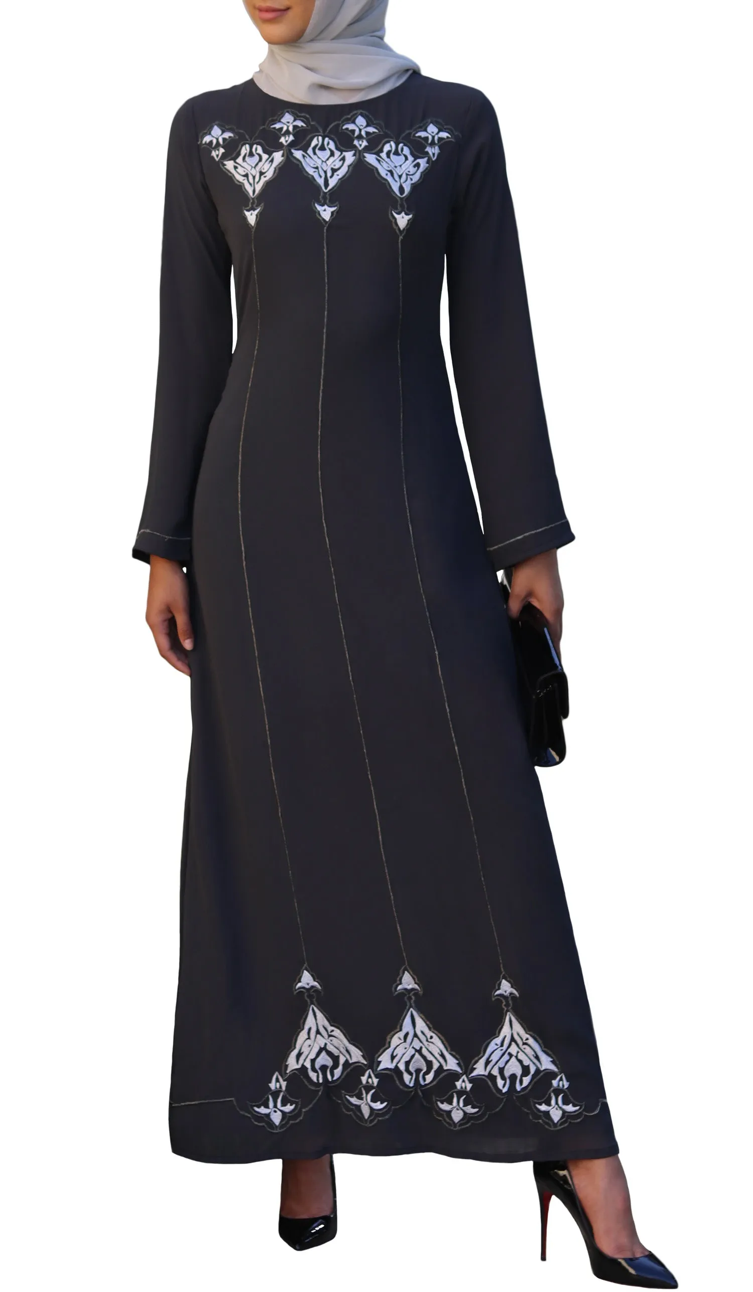 Zaira Embroidered Formal Muslim Evening Dress - Gray - FINAL SALE